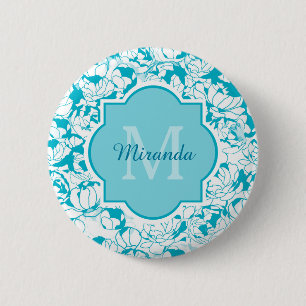 Macaron Rond 5 Cm Monogramme Floral Turquoise Moderne Avec Nom