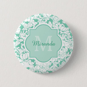 Macaron Rond 5 Cm Monogramme Floral Vert Mint Moderne Avec Nom