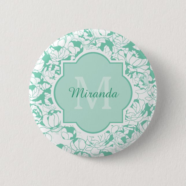 Macaron Rond 5 Cm Monogramme Floral Vert Mint Moderne Avec Nom (Devant)