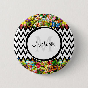 Macaron Rond 5 Cm Monogramme floral vintage noir et nom de mod