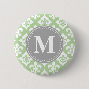 Macaron Rond 5 Cm Monogramme gris vert à la menthe de fleur de lis