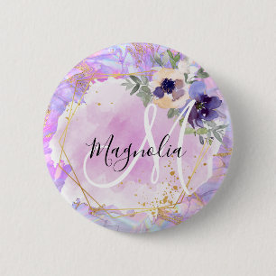 Macaron Rond 5 Cm Monogramme Marbré Arc-en-ciel Fleur Violet, Rose &