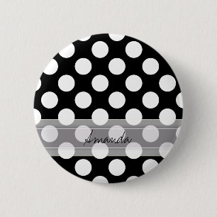 Macaron Rond 5 Cm Monogramme Noir Blanc Chic Polka Motif