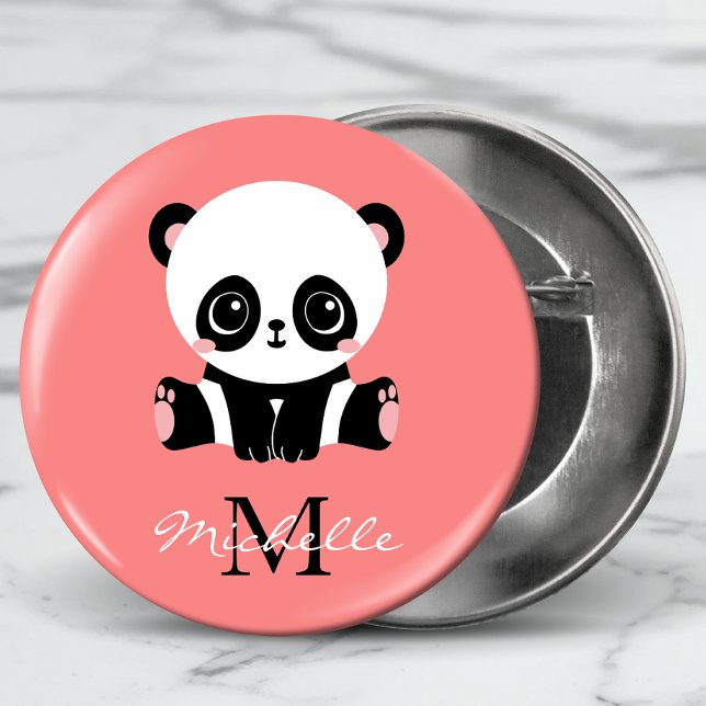 Macaron Rond 5 Cm Monogramme Panda mignon rose personnalisé (Créateur téléchargé)