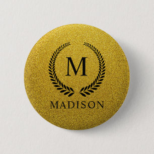 Macaron Rond 5 Cm Monogramme personnalisé noir et or pailleté or per