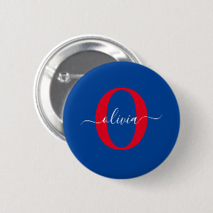 Macaron Rond 5 Cm Monogramme personnalisé Nom du script Bleu Blanc R