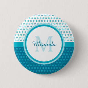 Macaron Rond 5 Cm Monogramme Pois bleu turquoise mod avec nom