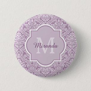 Macaron Rond 5 Cm Monogramme pourpre de damassé de lavande chic ave