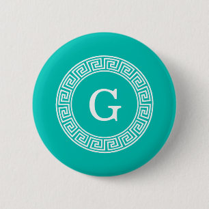 Macaron Rond 5 Cm Monogramme rond principal grec blanc turquoise