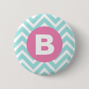Macaron Rond 5 Cm Monogramme rose chevron bleu clair tendance