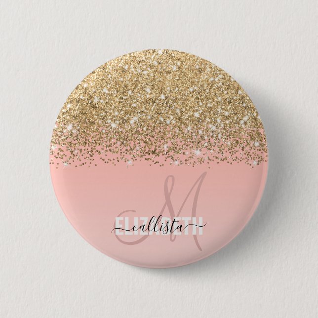 Macaron Rond 5 Cm Monogramme rose Fille Chic Gold Confetti (Devant)