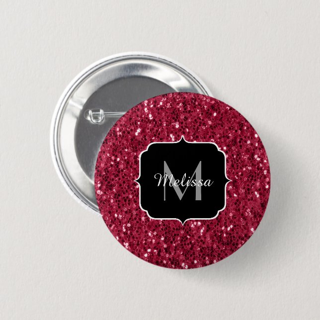Macaron Rond 5 Cm Monogramme rose foncé magenta faux scintillants (Devant & derrière)
