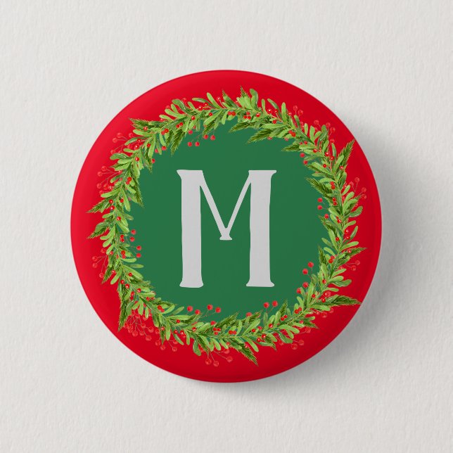Macaron Rond 5 Cm Monogramme Rouge et verte couronne Noël (Devant)