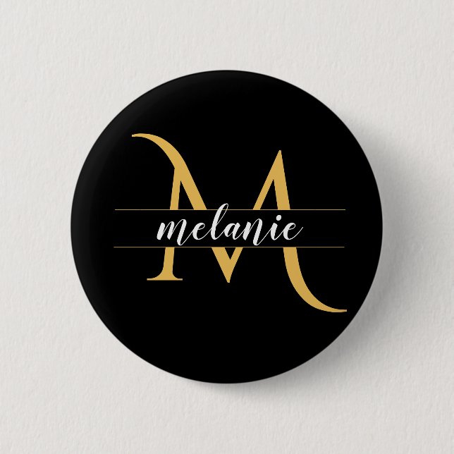 Macaron Rond 5 Cm Monogramme Split Moderne Or Noir Nom Personnalisé (Devant)
