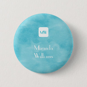 Macaron Rond 5 Cm Monogramme Turquoise Aqua simple et chic avec nom
