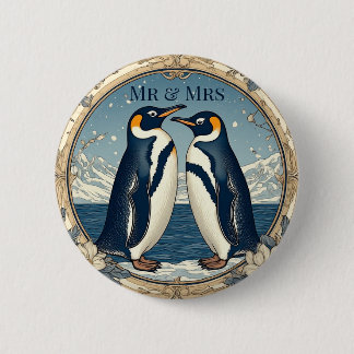 Macaron Rond 5 Cm Monsieur et Madame Couple de Manchots Neige Hiver