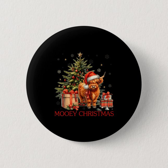 Macaron Rond 5 Cm Mooey Christmas Santa Highland Cow Santa Xmas Tree (Devant)