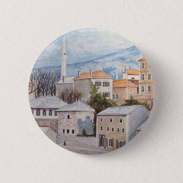 Macaron Rond 5 Cm Mostar, Bosnie - Peinture Townscape Acrylique (Devant)