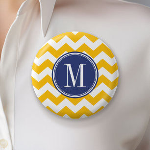 Macaron Rond 5 Cm Motif Chevron jaune et bleu avec Monogramme