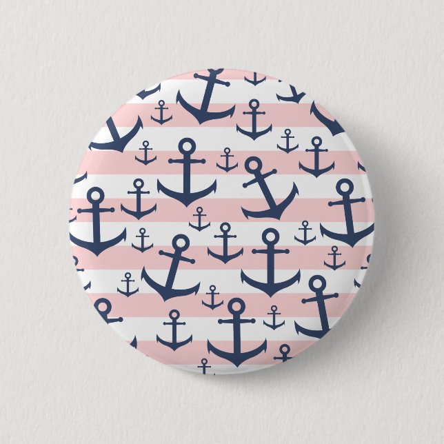 Macaron Rond 5 Cm Motif d'ancrage bleu marine à rayures rose marine (Devant)