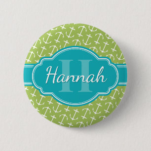 Macaron Rond 5 Cm Motif d'Ancre blanc vert Turquoise Monogramme