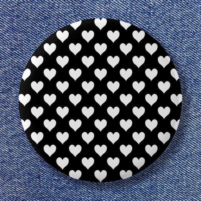 Macaron Rond 5 Cm Motif de coeur noir et blanc (Black and White Heart Pattern Button)