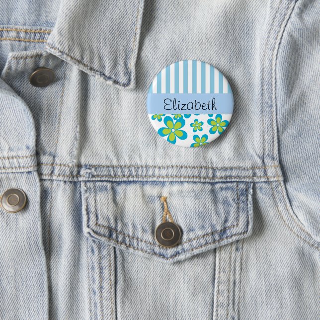 Macaron Rond 5 Cm Motif De Fleurs, Bleues, Votre Nom (En situation)