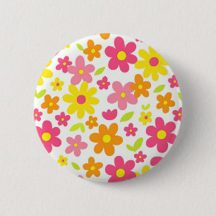 Macaron Rond 5 Cm Motif floral rose et jaune rétro d'été lumineux