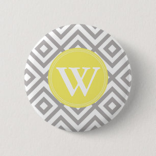 Macaron Rond 5 Cm Motif gris et jaune de monogramme de Chevron