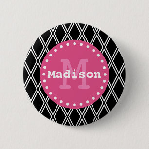 Macaron Rond 5 Cm Motif noir blanc rose diamant Monogramme