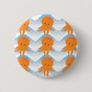 Macaron Rond 5 Cm Motif Octopus Orange Et Vagues Bleues