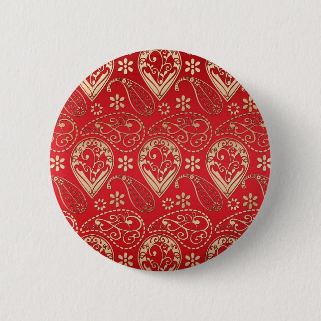 Macaron Rond 5 Cm Motif Red Gold Paisley Bandana (Devant)