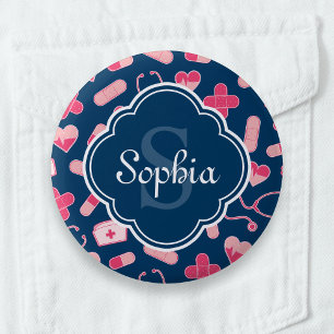 Macaron Rond 5 Cm Motif rose et bleu d'infirmière avec monogramme