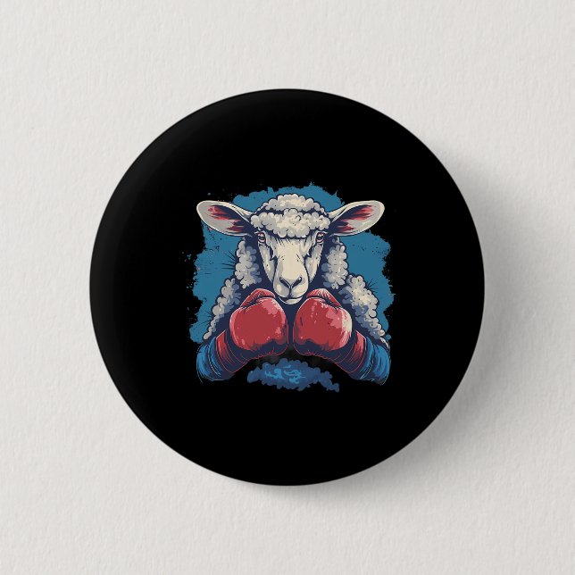 Macaron Rond 5 Cm Mouton boxeur avec gants de boxe Kickboxing Drôle  (Devant)