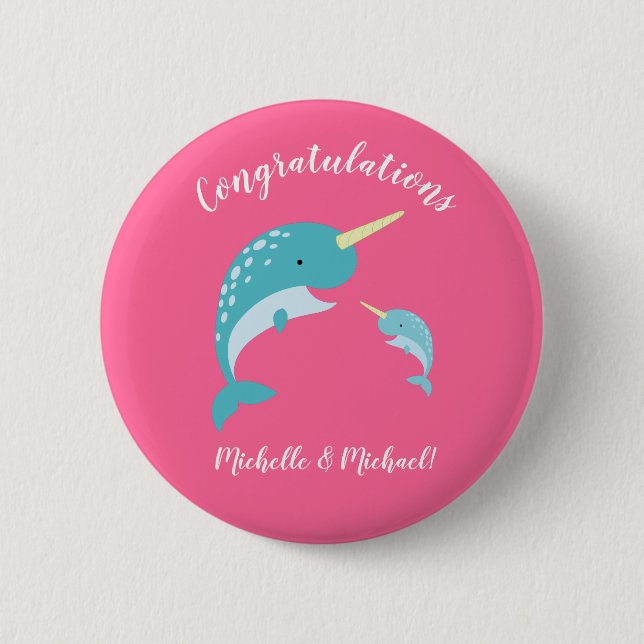 Macaron Rond 5 Cm Narwhal Baby shower Rose fille mignonne (Devant)