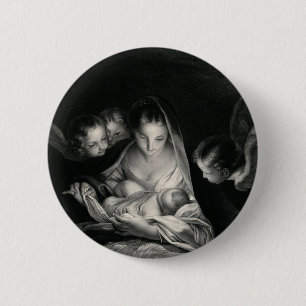 Macaron Rond 5 Cm Nativité Bébé Jésus Vierge Marie Anges Noir Bl