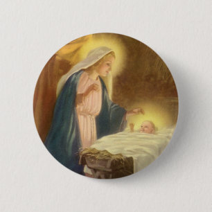 Macaron Rond 5 Cm Nativité de Noël Vintage, Marie Joseph Bébé Jésus