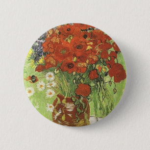 Macaron Rond 5 Cm Nature morte - Coquelicots rouges et pâquerettes