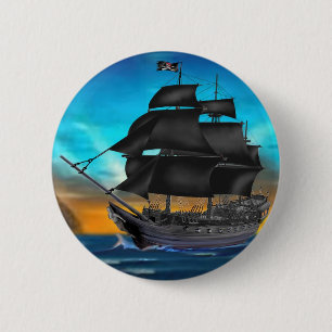 MACARON ROND 5 CM NAVIRE PIRATE AU COUCHER DU SOLEIL