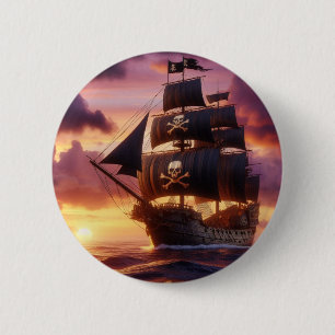 Macaron Rond 5 Cm Navire pirate au lever/coucher du soleil