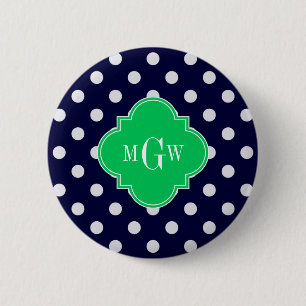 Macaron Rond 5 Cm Navy Blanc pois émeraude Quatrefoil 3 Monogramme