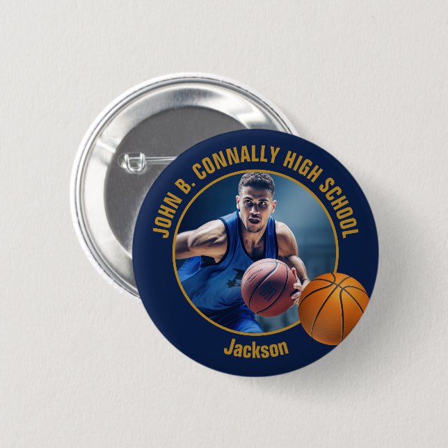 Macaron Rond 5 Cm Navy Blue Gold Basketball Player Photo High School (Devant & derrière)