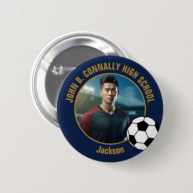 Macaron Rond 5 Cm Navy Blue Gold Soccer Player Photo High School (Devant & derrière)