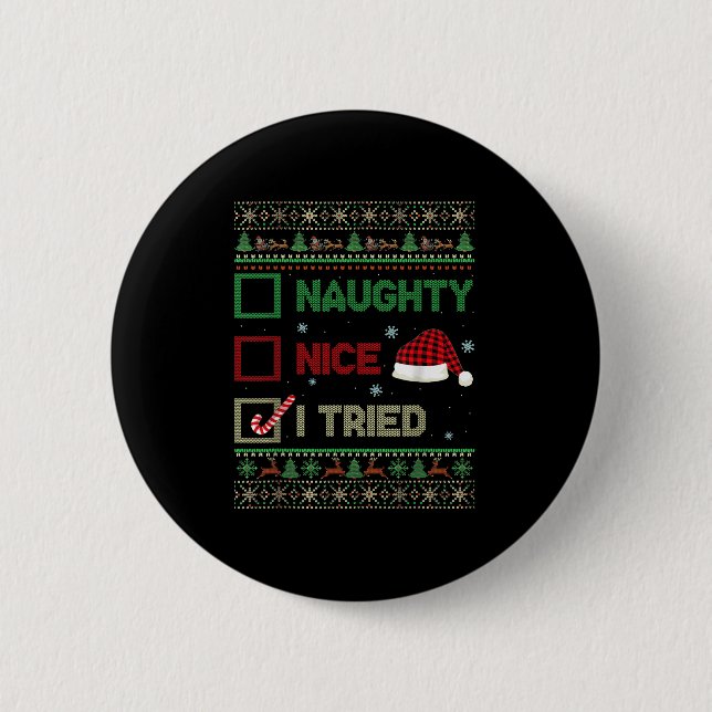 Macaron Rond 5 Cm Nice Naughty I Tried Ugly Sweater Red Plaid Christ (Devant)