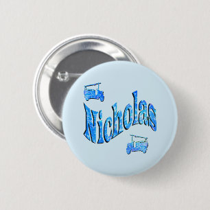 Macaron Rond 5 Cm Nicholas Nom Avec Camions de Pompiers,