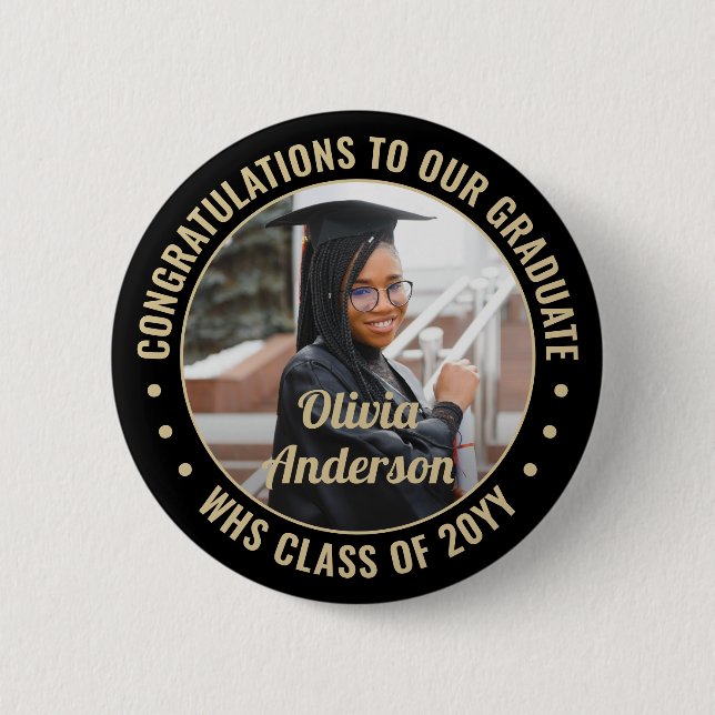 Macaron Rond 5 Cm N'importe quel texte Graduation Photo Elegant Noir (Devant)
