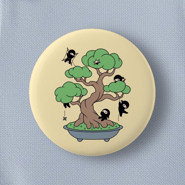 Macaron Rond 5 Cm Ninjas dans l'arbre Bonsai sur Jaune (Créateur téléchargé)