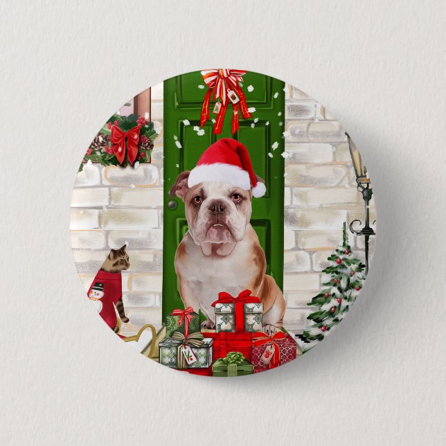 Macaron Rond 5 Cm Noël de Bulldog anglais (Devant)