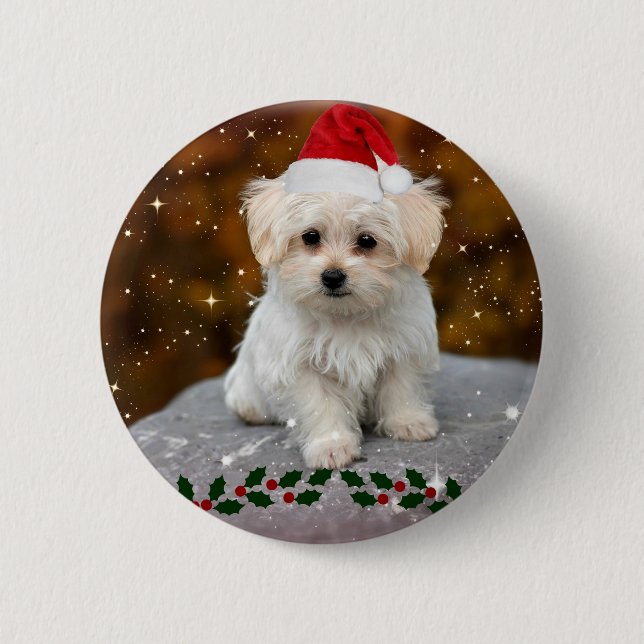 Macaron Rond 5 Cm Noël des chiots maltais (Devant)