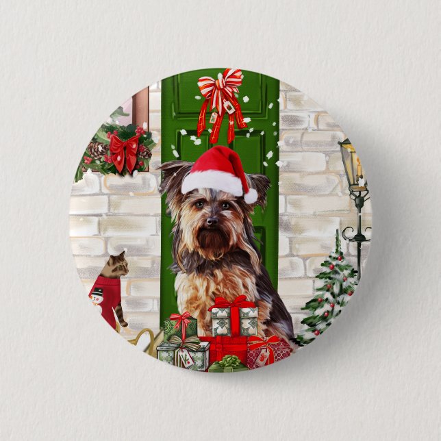 Macaron Rond 5 Cm Noël du chien Yorkie (Devant)